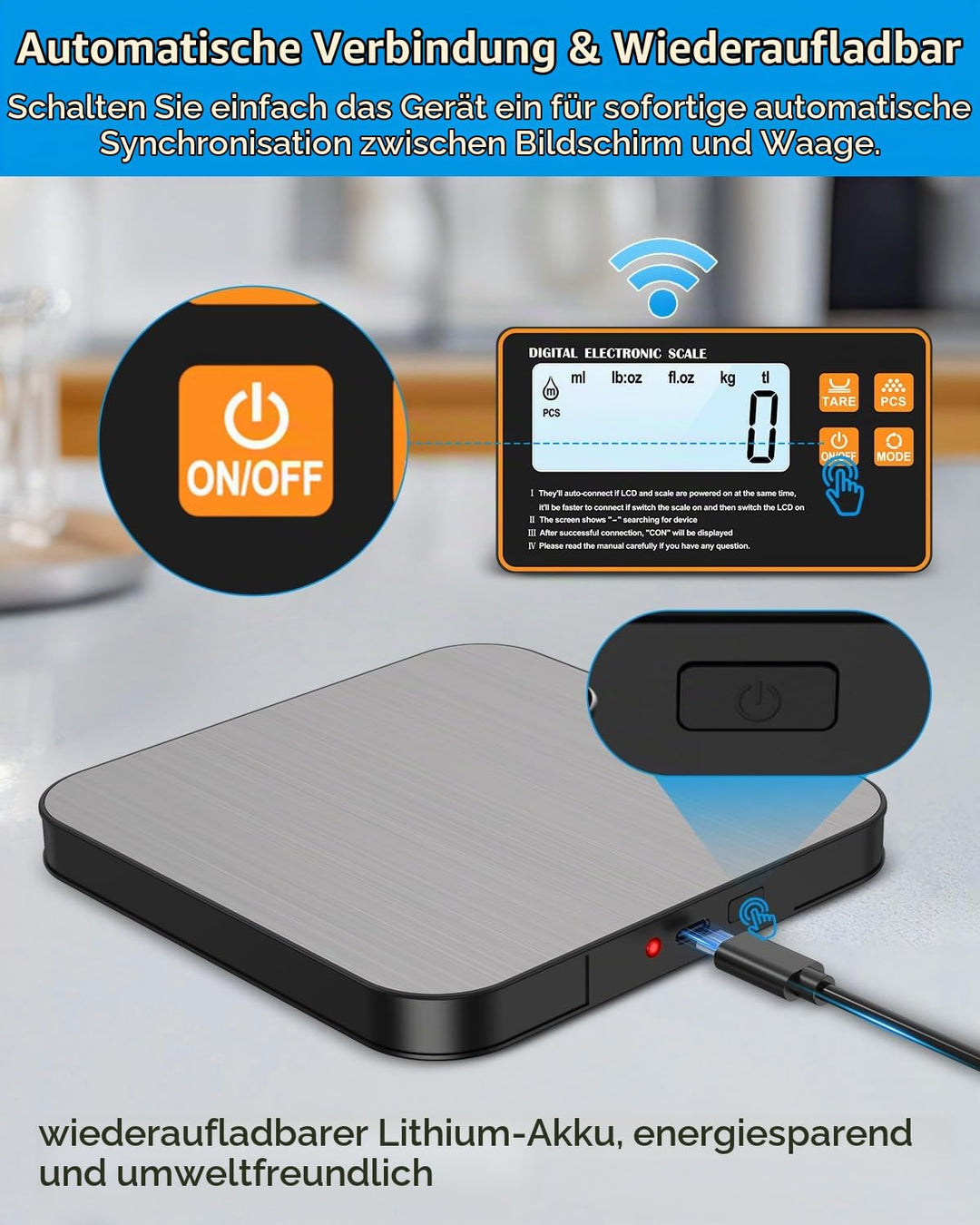 [Neu] Brifit Digitale Küchenwaage 15kg/1g mit Abnehmbarem Display – Wiederaufladbare Küchenwaage mit