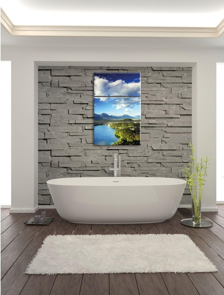 Pixxprint See mit Insel Landschaft 3-Teiler Leinwandbild 120x80 Bild auf Leinwand