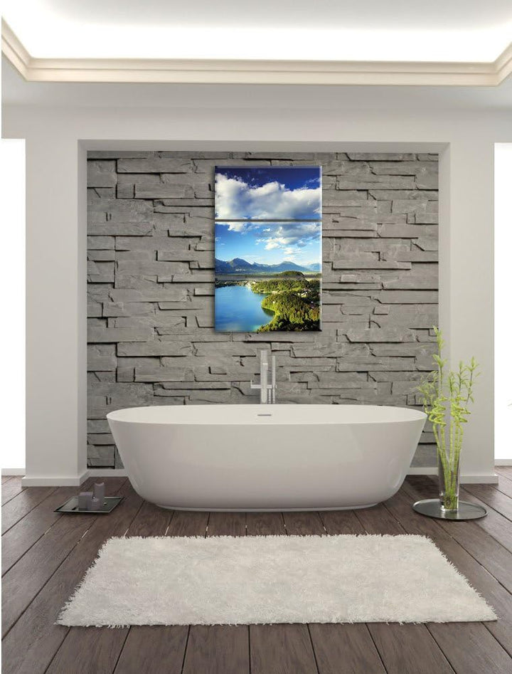Pixxprint See mit Insel Landschaft 3-Teiler Leinwandbild 120x80 Bild auf Leinwand