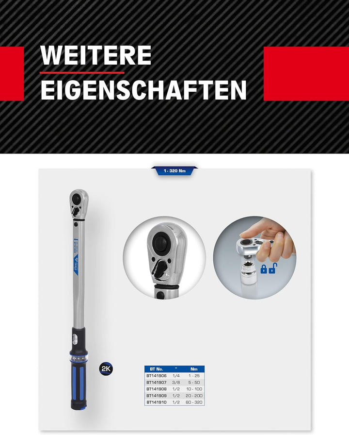 BRILLIANT TOOLS Ratschen Drehmomentschlüssel 1/4 Zoll mit Umschalt-Ratschenkopf BT141906 I 1-25 Nm I