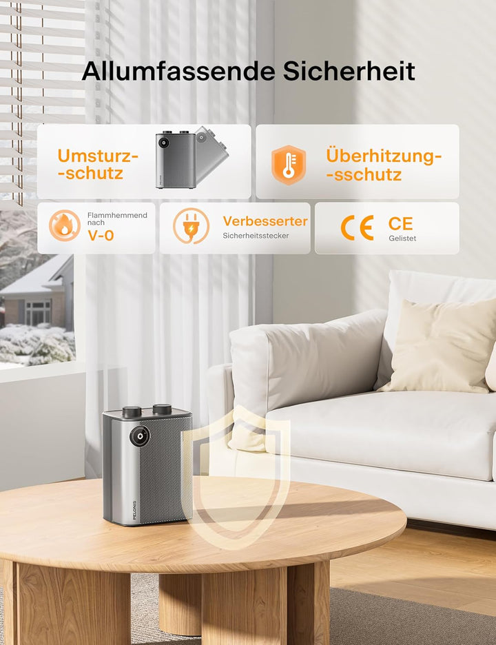 PELONIS Keramik Heizlüfter Mini 2000W, 2S Schnellheizung, 3 Stufen + Lüfter, Überhitzungs- & Kippsch