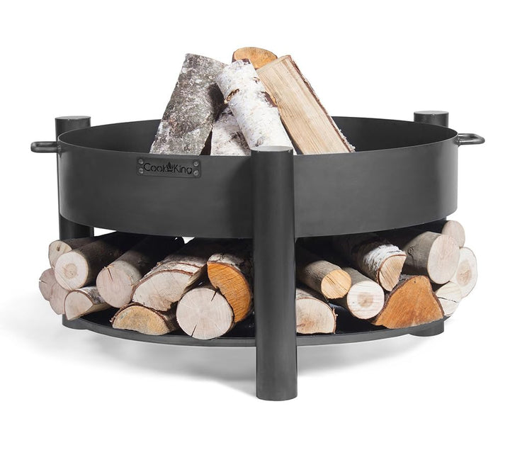 CookKing Stahl Feuerschale Montana | Ø 88x45 cm, Schwarz, Inkl. Holzlager | Robust &amp; Windgeschützt |