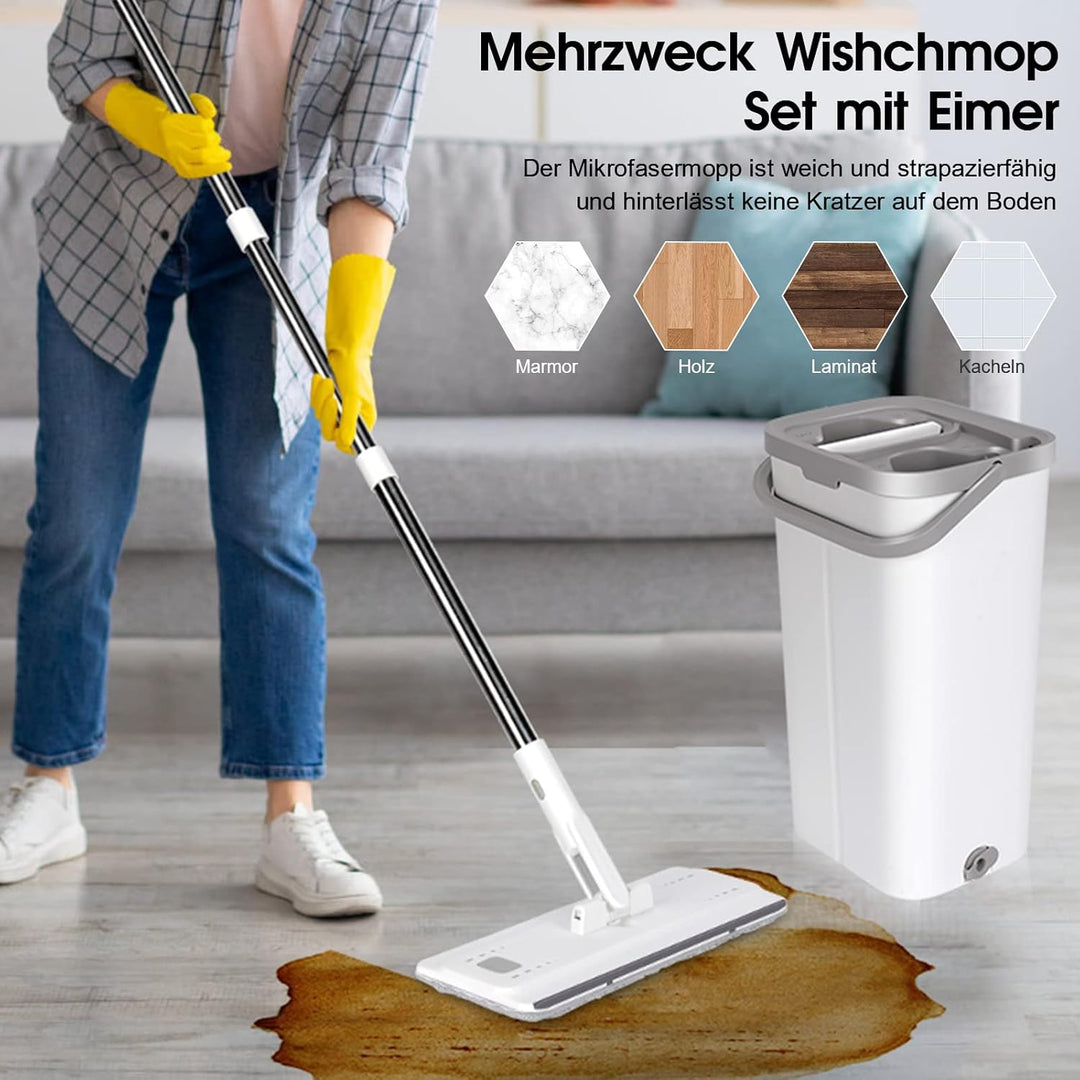 MASTERTOP Wischmopp Set mit Eimer, Flach Bodenwischer mit 140cm Verstellbarer Griff und 10 Mikrofase