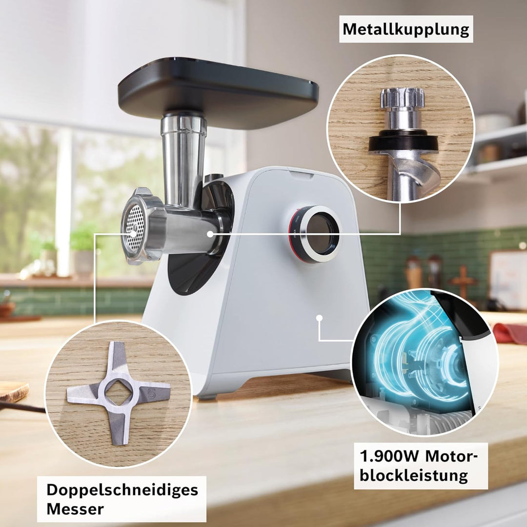 Bosch Fleischwolf Serie 4 MFWS420W, kompakt, 2 Stufen, 2 Lochscheiben (3 & 8mm), Wurststopfer, 10 J
