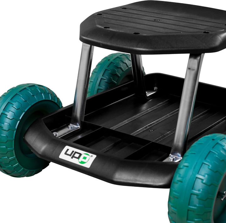 UPP fahrbarer Gartenwagenrollsitz bis 130 kg mit Ablage | Knie- und rückenschonende Sitzgelegenheit