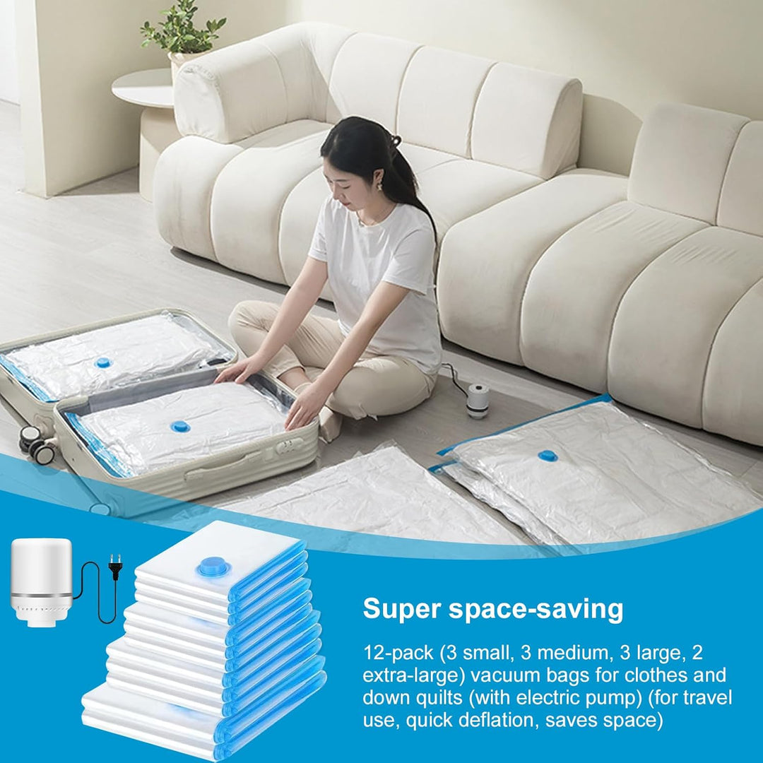 12 Stück Vakuumbeutel für Kleidung Bettdecken mit Elektrische Pumpe, 3 extragross, 3 gross, 3 mittel