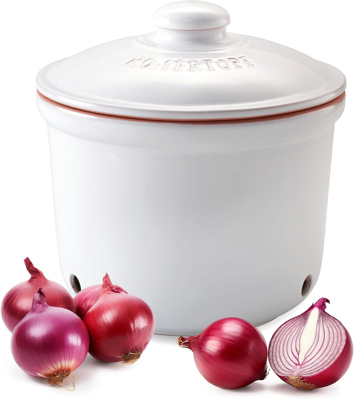 Römertopf Zwiebeltopf Frische-Topf MAXI aus Naturton, Keramik Vorratstopf Ø 20,0cm weiss ø21cm, ø21c