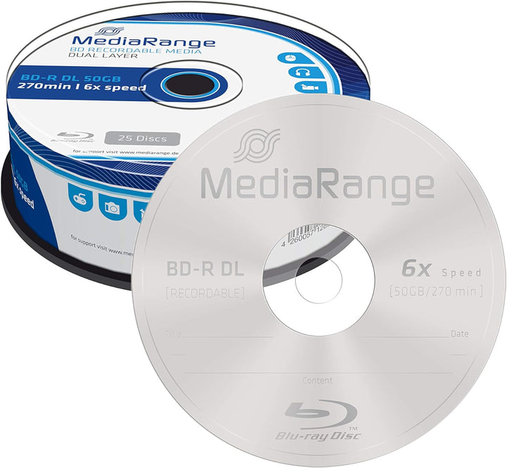 MediaRange BD-R Dual Layer 50GB 6-fache Schreibgeschwindigkeit, 25er Cakebox Cake 25 gelabelt