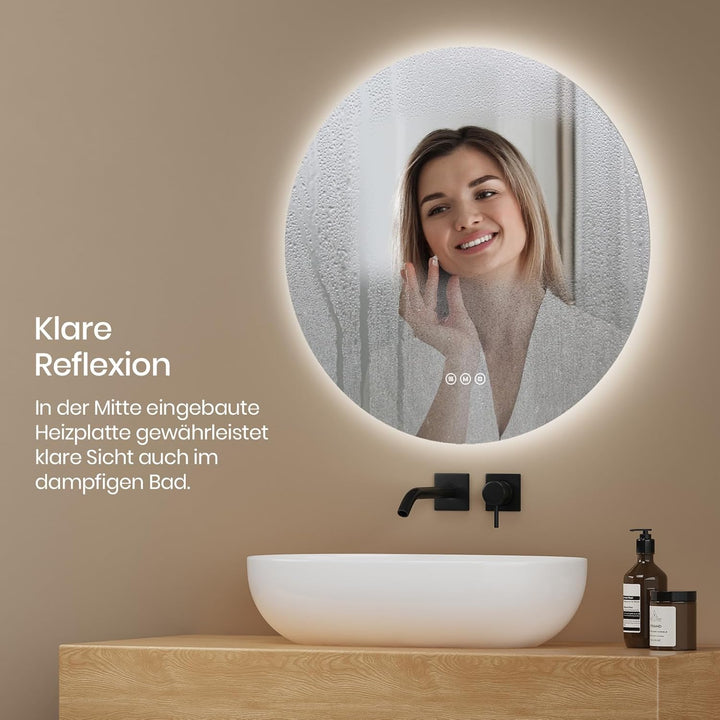 EMKE Badspiegel mit Beleuchtung Rund 50cm, Badezimmerspiegel mit 3 dimmbaren Lichtfarben, Antibeschl