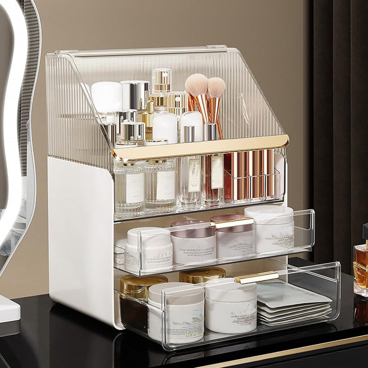 Grosse Make-up-Aufbewahrungsbox, 3-stöckig – Kosmetik-Organizer für die Theke mit Deckel, Schminktis