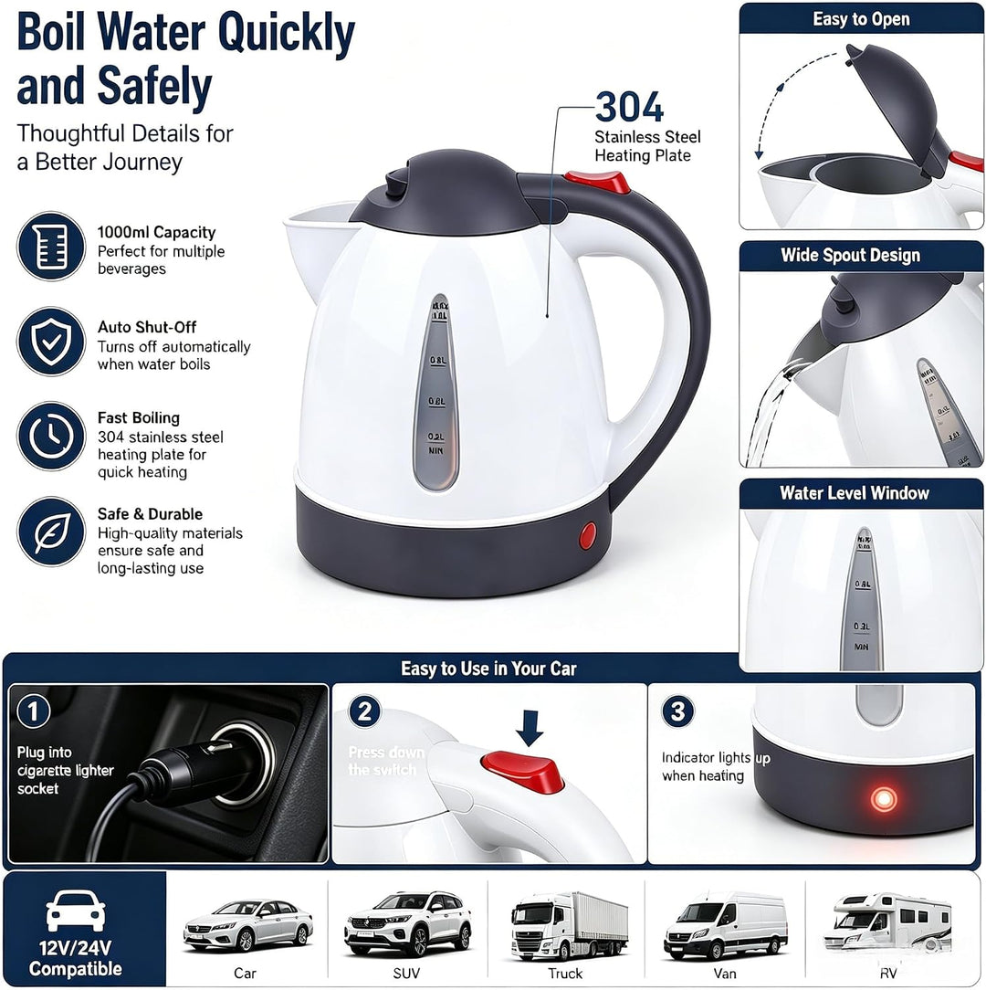 Auto Wasserkocher 1L Tragbare Reisekocher für Auto Reisen Camping mit automatischer Abschaltung (12V