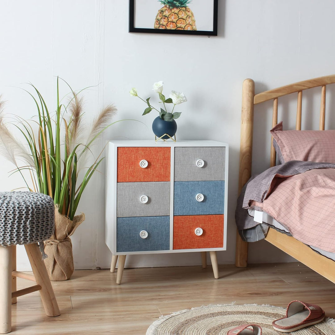 Rebecca Mobili Kommode mit 6 Schubladen, Platzsparender Schrank, Weiss Grau-Blau Orange, Zeitgenössi