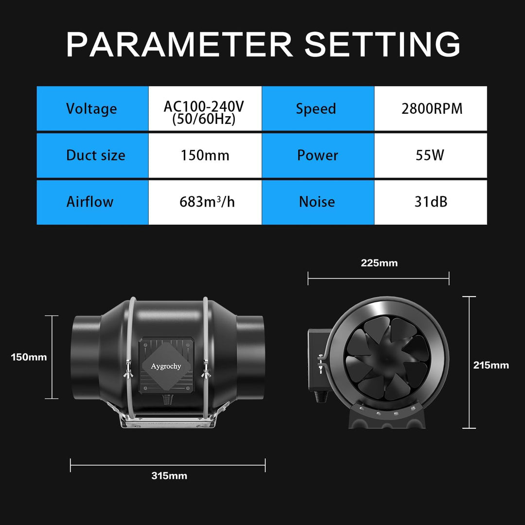 Aygrochy Abluftset 150mm, Rohrventilator mit Temperatur- und Feuchtigkeitsregler, WiFi App Steuerung