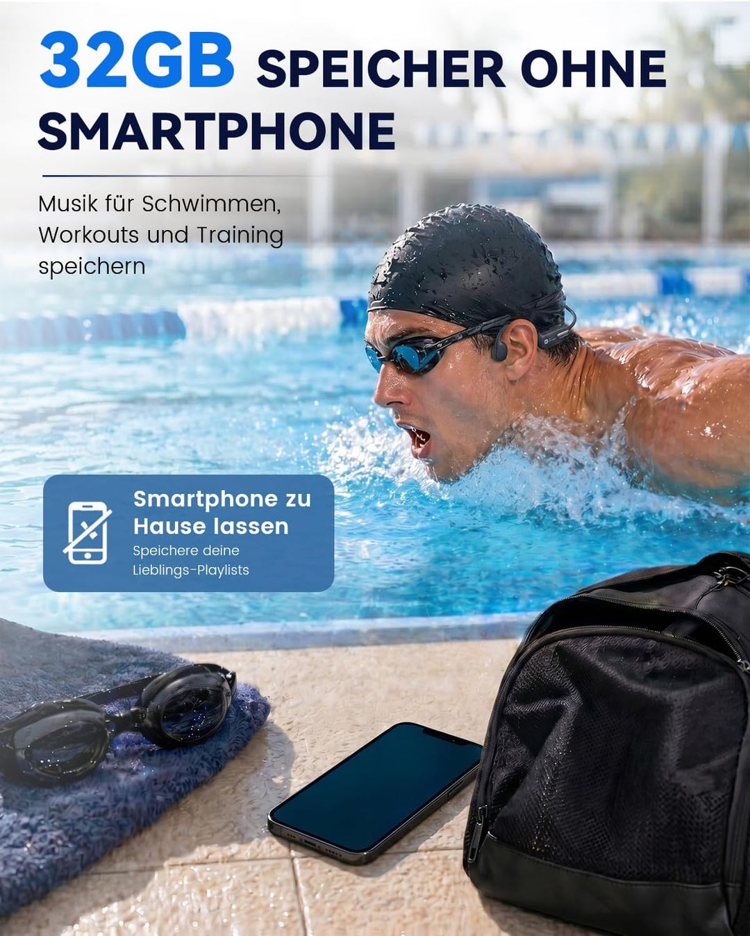 HIFI WALKER Knochenschall Kopfhörer zum Schwimmen, 32 GB MP3, Bluetooth 6.0 Schwarz, Schwarz