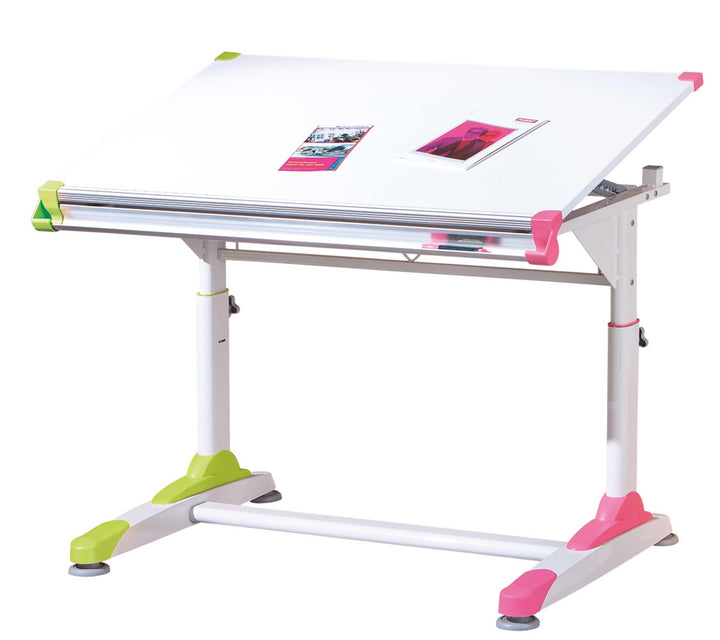 Schreibtisch mit höhenverstellbarer Kippplatte und Ablagefach aus MDF und Metall Weiss, Pink, Grün S