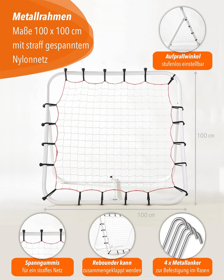 Fussball Rebounder 100 x 100 cm – klappbare Kickback Rückprallwand – Einstellbarer Winkel – für Tech