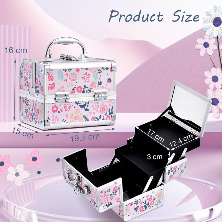 Kosmetikkoffer Schminkkoffer Schmuckkoffer Kosmetik-Makeup-Koffer mit Spiegel Pink, Blumen Blumen Ro