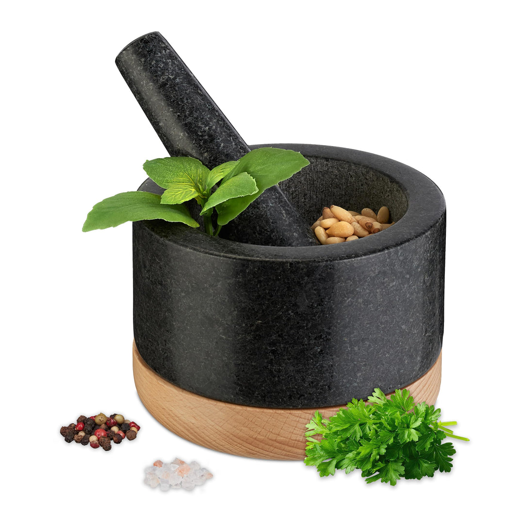 Relaxdays Mörser mit Stössel, Holzuntersetzer, Granit, HxD: 8,5 x 14 cm, Steinmörser, Gewürze & Kräu