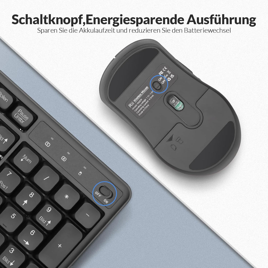 Rii Tastatur Maus Set Kabellos, 2.4 GHz Leise Funktastatur mit Maus, Wireless Keyboard and Mouse, fü