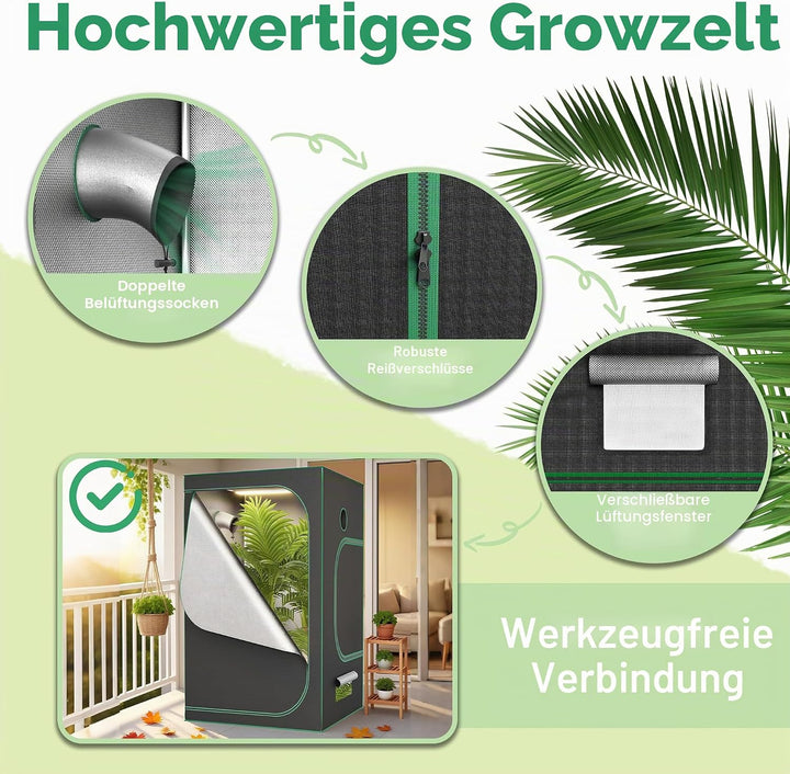 FIVMEN Growzelt 120x60x150 cm Grow Tent mit Reflektierende Mylar Lichtdicht Wasserdicht Zuchtzelt Gr