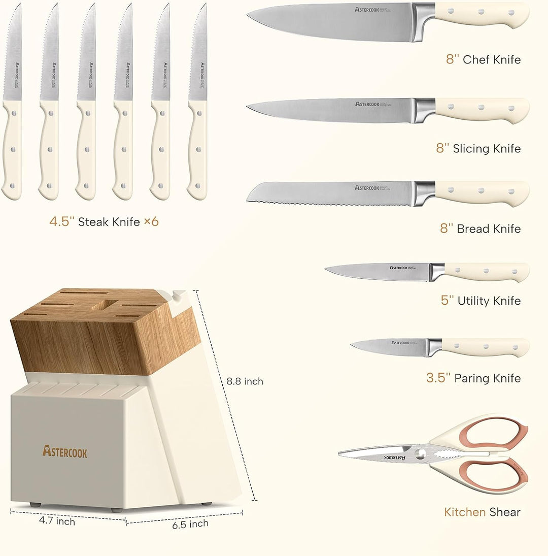 Astercook Messer-Set, Küchenmesser-Set mit Block, 14-teilig, Vollzapfen, Edelstahlmesser mit Schärfe