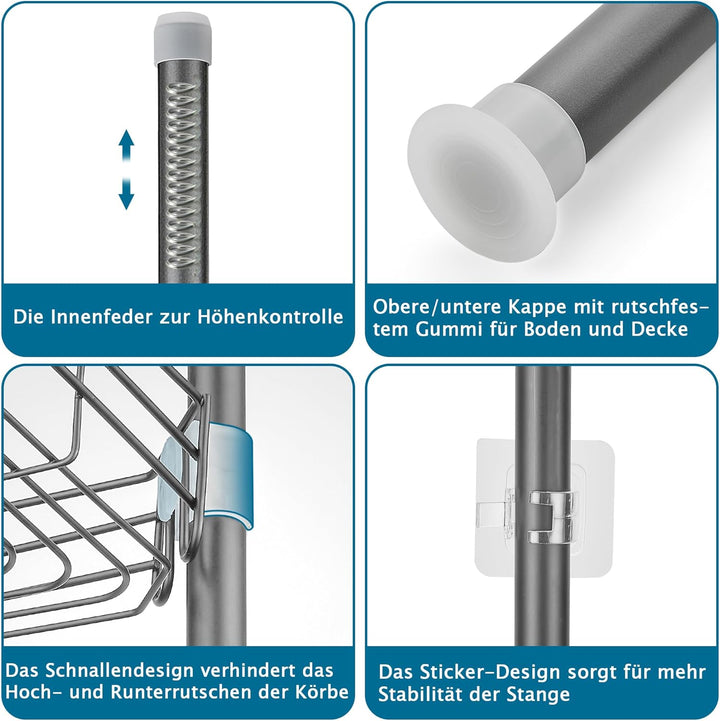 Duschablage ohne Bohren Teleskop Duschregal Metall Eckregal Badregal mit 4 Duschkörben, Höhenverstel