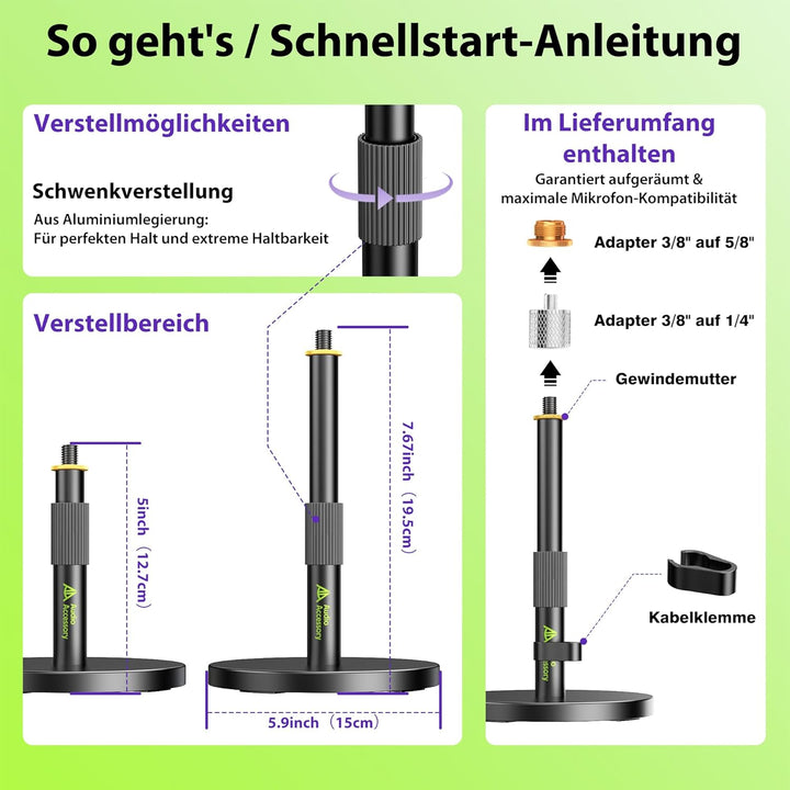 Mikrofonständer Tisch, Ultra-Niedrige 12,7cm Höhenverstellbar, 3kg Tragfähigkeit, Vollmetall Mikrofo