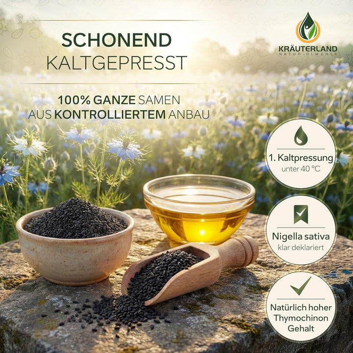 Kräuterland Schwarzkümmelöl 500ml, gefiltert, 100% Nigella Sativa, ohne Zusatz von Aromen-, Farb- &