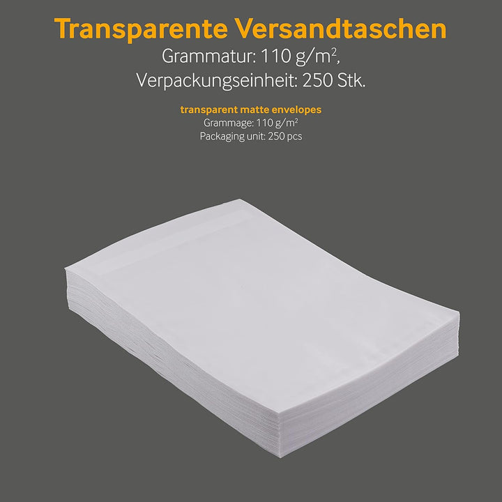 250 Stück, Transparent-Versandtaschen, DIN C4, Haftklebung mit Abziehstreifen, Gerade Klappe, 100 g/