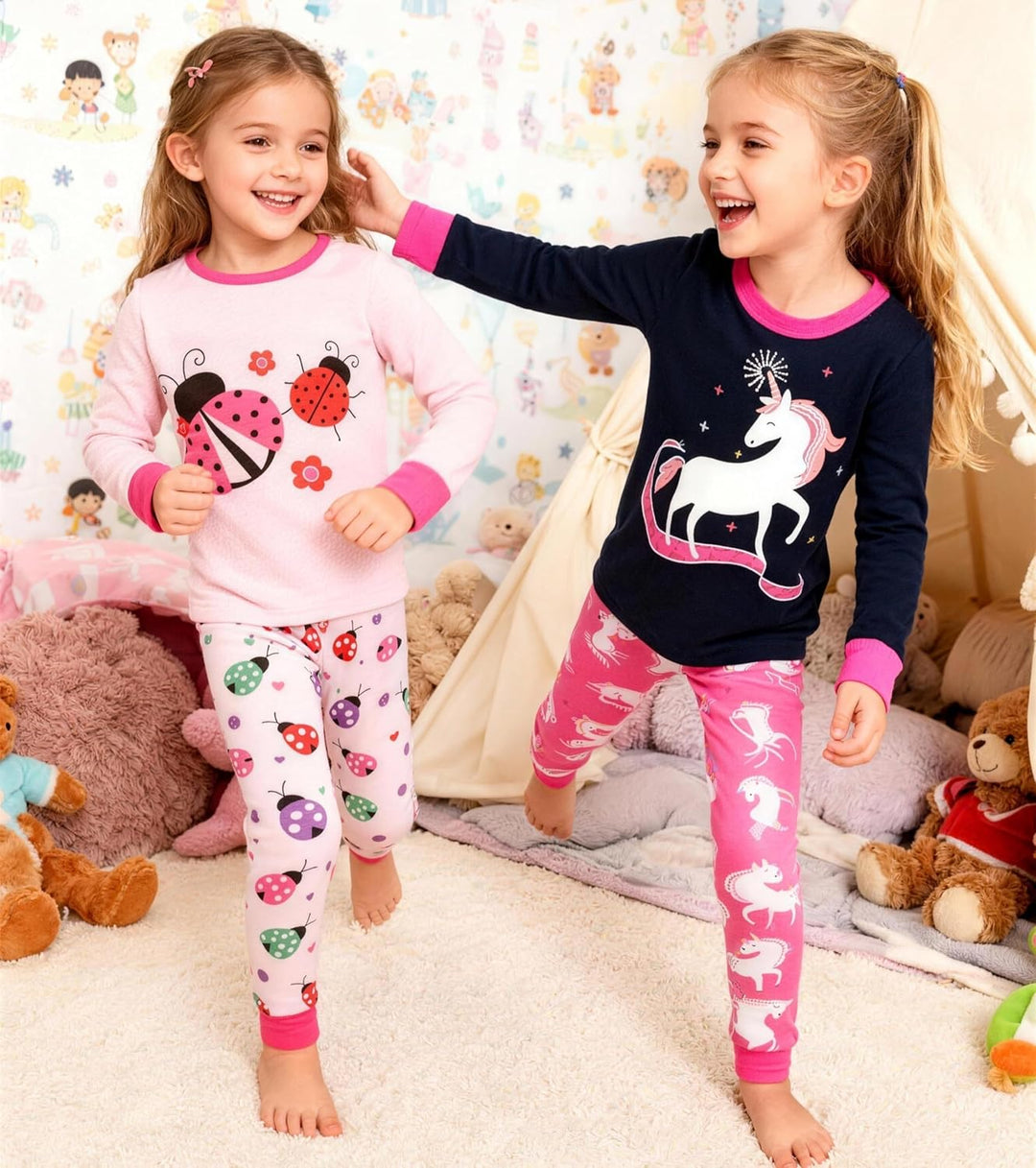 LOLPIP Mädchen Pyjamas 100% Baumwolle Schlafanzug für Kinder Schlafkleidung Langarm 4 Stück Set 1-12