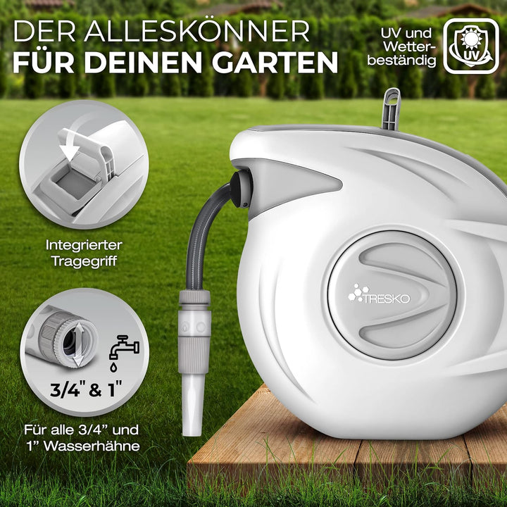 TRESKO® Polypropylen (PP) Schlauchtrommel 30+2m Schlauchaufroller Wasser | mit Handbrause | 180° Sch