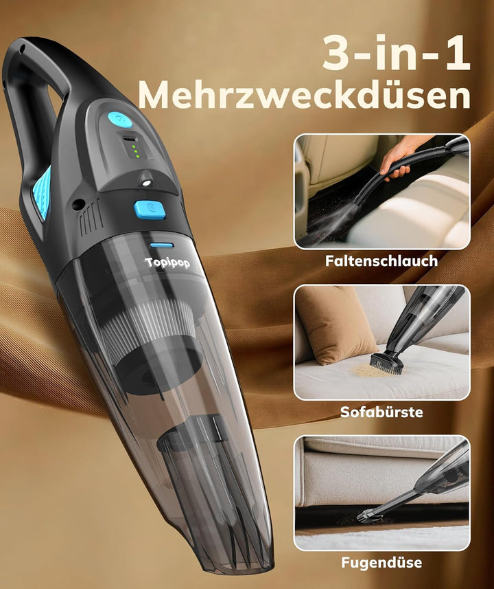 Handstaubsauger Akku mit 25000Pa Starke Saugkraft,Kabelloser Staubsauger mit HEPA-Filter & Aufsätzen