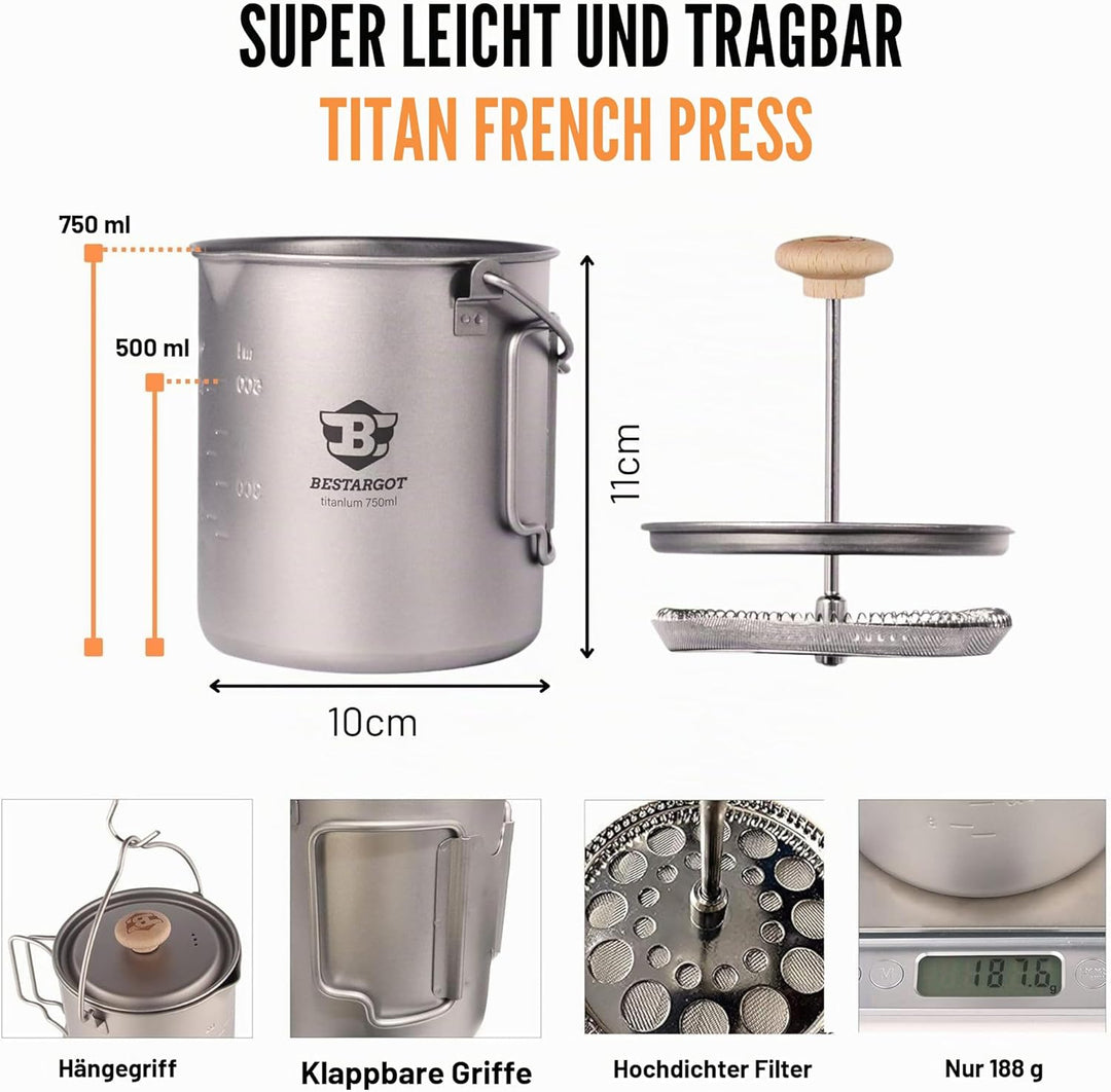 Bestargot Camping Titanium Topf Becher Tasse Outdoor,750ml max French Press Titan Campinggeschirr Ka