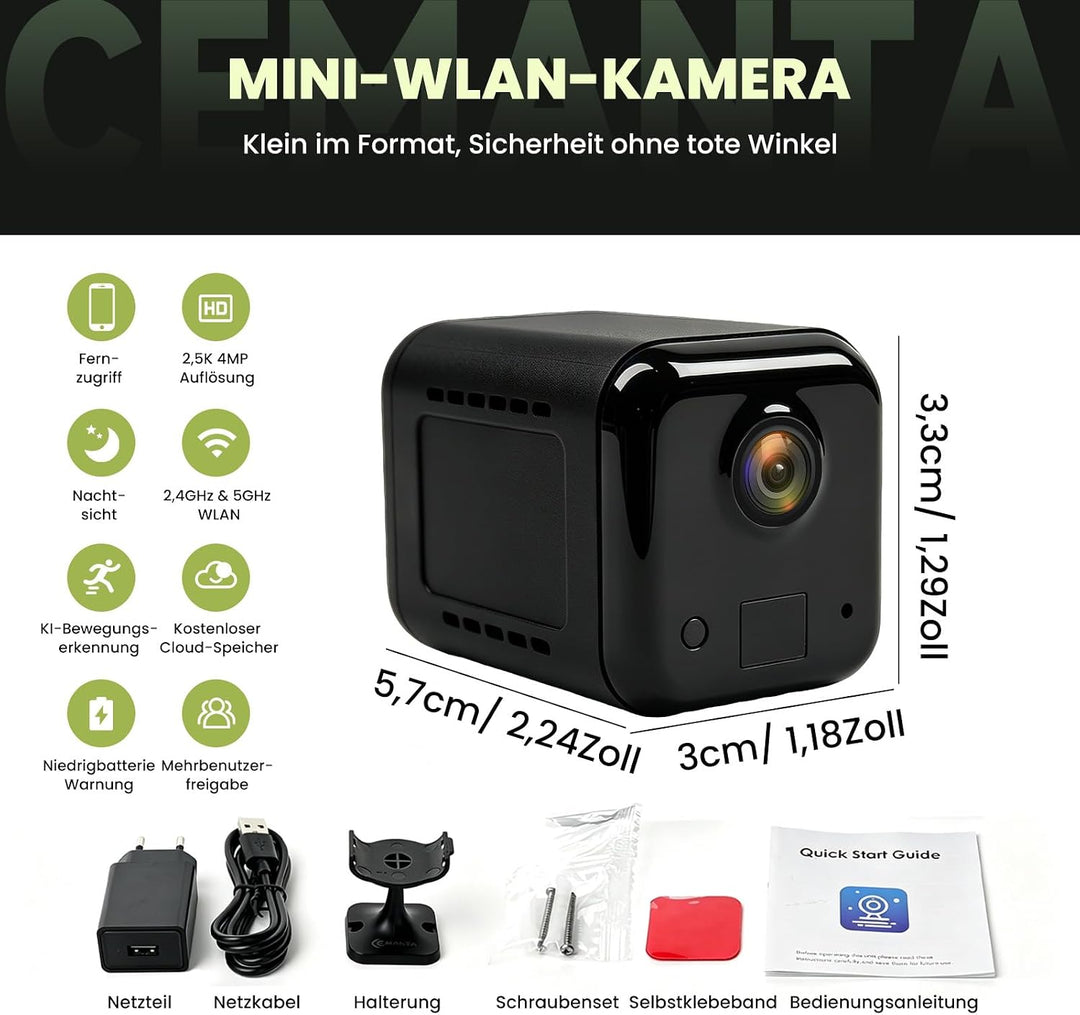 Mini Kamera Überwachungskamera Innen Akku 2,4 GHz/5 GHz WiFi Kamera überwachung innen mit 3000mAh Ak