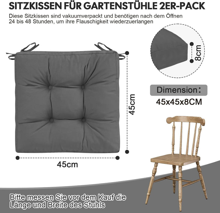 2er Set Sitzkissen Outdoor wasserdicht 45x45x8 cm – UV-beständige Polster für Gartenstühle, Terrasse
