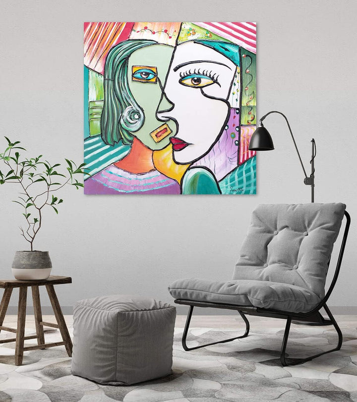 KunstLoft Leinwandbild | 100% HANDGEMALT | 80x80cm | Gemälde 'Perfect Completement' | Gesicht | Bunt