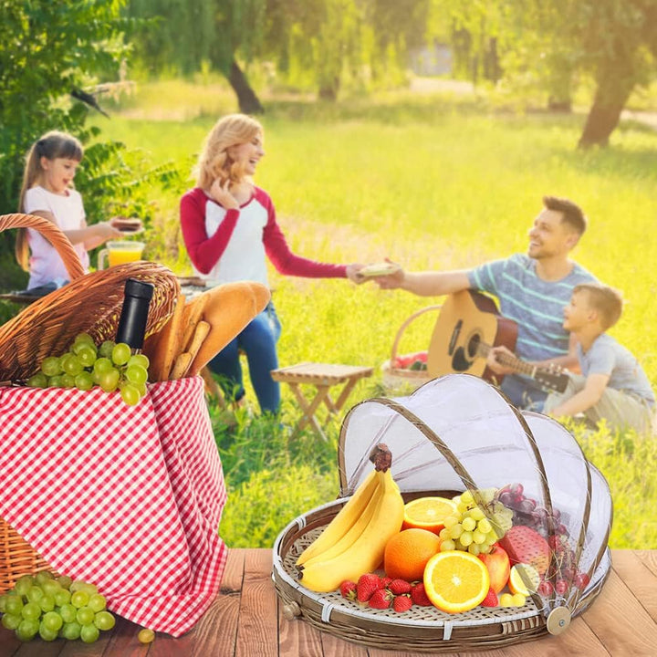 Bambus-Obstkorb mit Netzabdeckung, Fliegennetz, Lebensmittelzelt für Picknick, handgewebter Seegrask