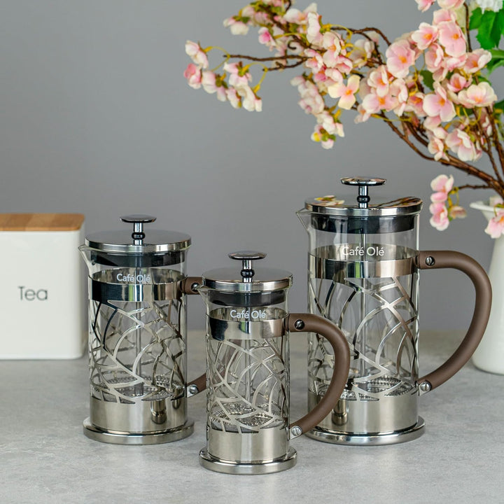 Café Olé Floral Durchsichtiger Kaffeebereiter Kaffeepresse aus Edelstahl 18/10 und Glas 1000 ml 8 Mo
