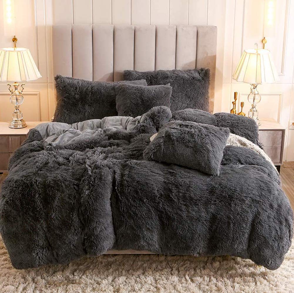 Michorinee Plüsch Bettwäsche 220x240 Grau Winter Flauschig Warme Bettbezug Fleece Flausch Langhaar K