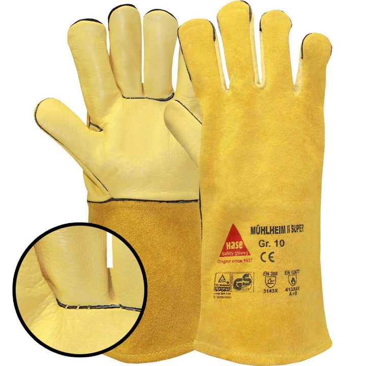 6 Paar Hase Safety Gloves Mühlheim-I-Super Schweisserhandschuhe lang, Leder-Arbeitshandschuhe mit St