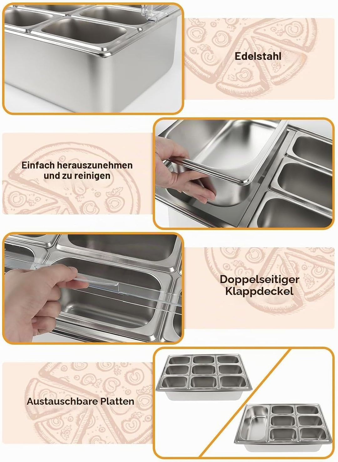 TOROKOM 10 Pfannen Edelstahl Zutatenbehälter Gewürz Organizer aus Edelstahl Salatbar Buffet Station