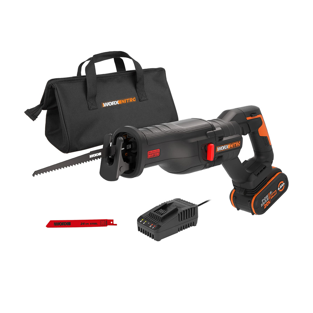 WORX WX516 Akku Säbelsäge 20V, bürstenloser Motor, mit 4000 mAh PowerShare Akku und Ladegerät, Schne