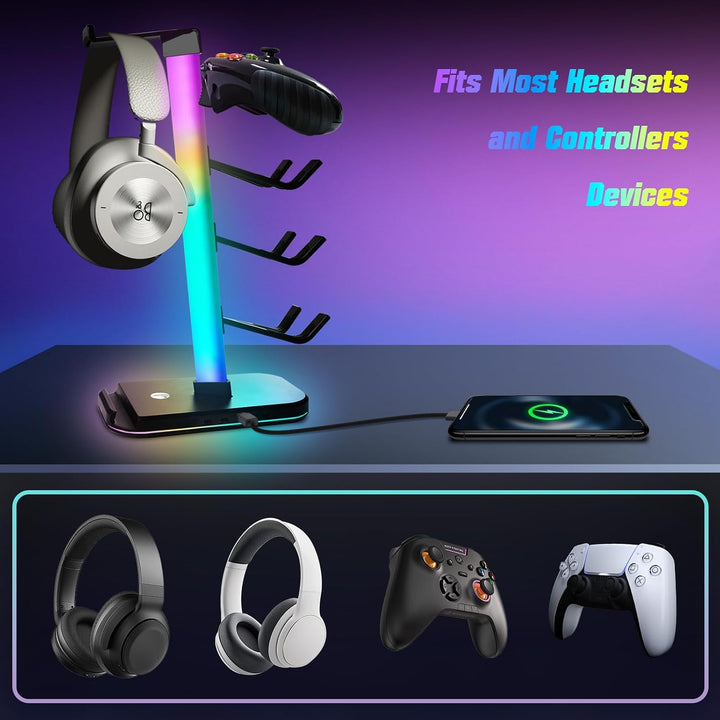 VCOM Gaming Headset Halterung mit 10 Lichtmodi, 1 USB 2 Typ-C Anschlüssen | Kopfhörer Halterung Tisc