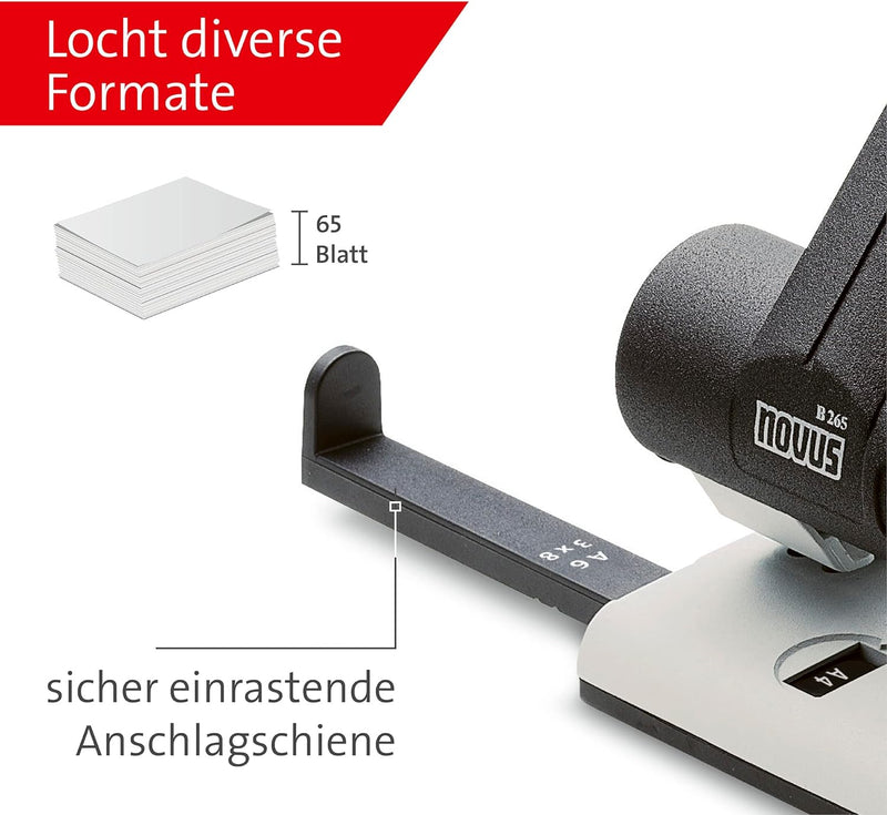 Novus B 265 Locher (Registraturlocher für das Büro, Metall, Stanzleistung) 65 Blatt, lichtgrau/schwa