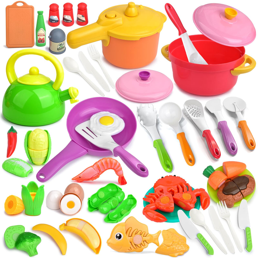 Kinderküche Zubehör,Kinderküche Kochgeschirr Mit Töpfe Pfannenset, Gemüse,Obst Lebensmittel Spielzeu