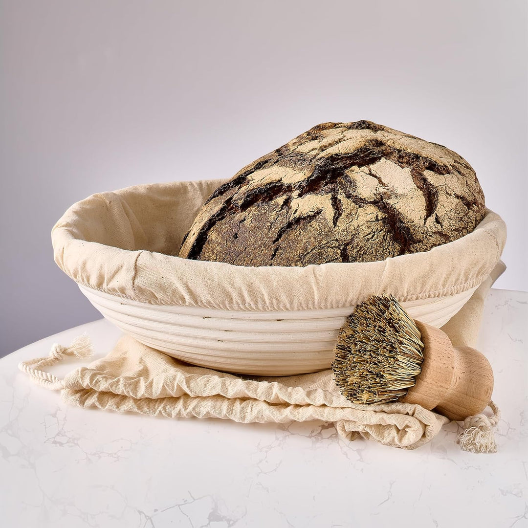 Praknu Gärkorb zum Brotbacken - Aus nachhaltigem Rattan - Rund - Set inkl. Bürste, Leineneinlage & B