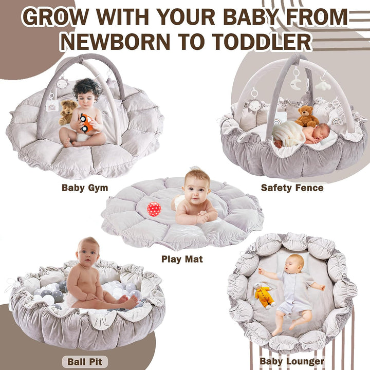 5-in-1 Baby Spieldecke,Krabbeldecke für Baby Spielmatte, Krabbelmatte mit Spielbogen 5 abnehmbarem B