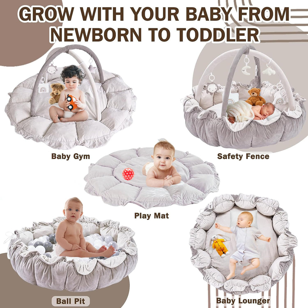 5-in-1 Baby Spieldecke,Krabbeldecke für Baby Spielmatte, Krabbelmatte mit Spielbogen 5 abnehmbarem B