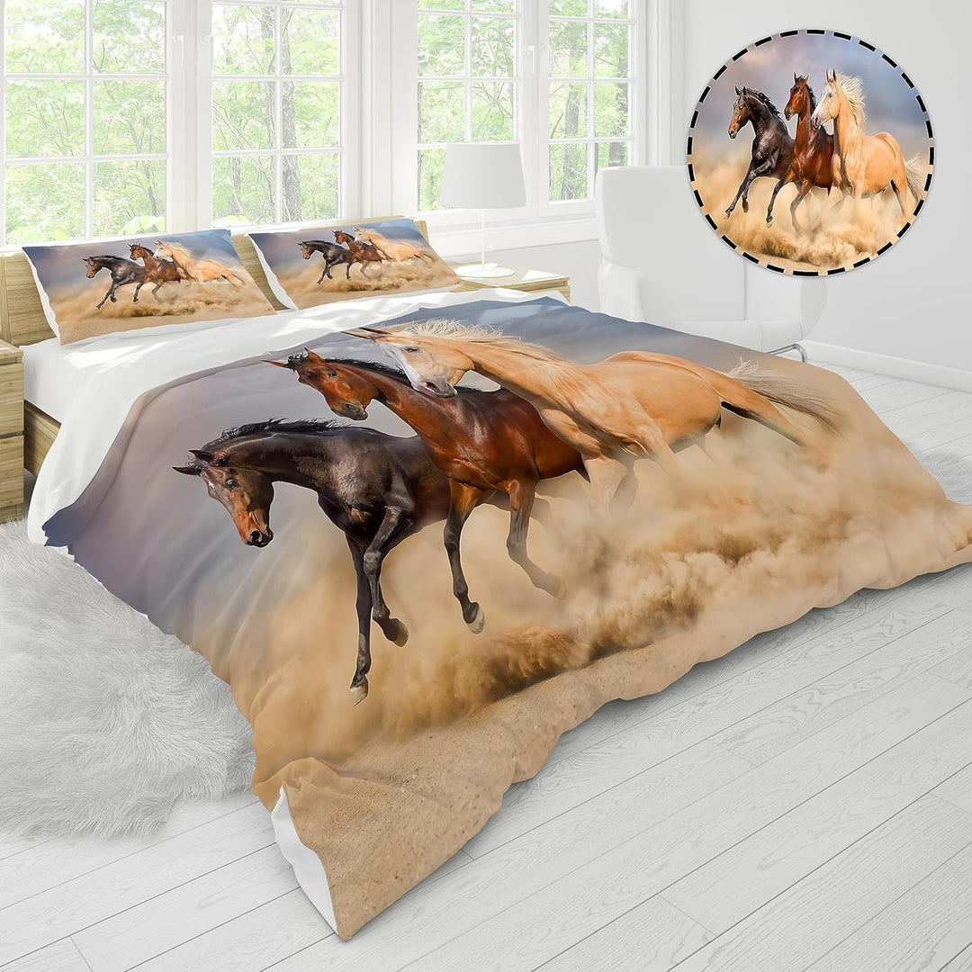 Bettwäsche 135x200, 3D Pferde Tier Muster Bettwäsche-Sets mit Reissverschluss, Super Weiche Angenehm