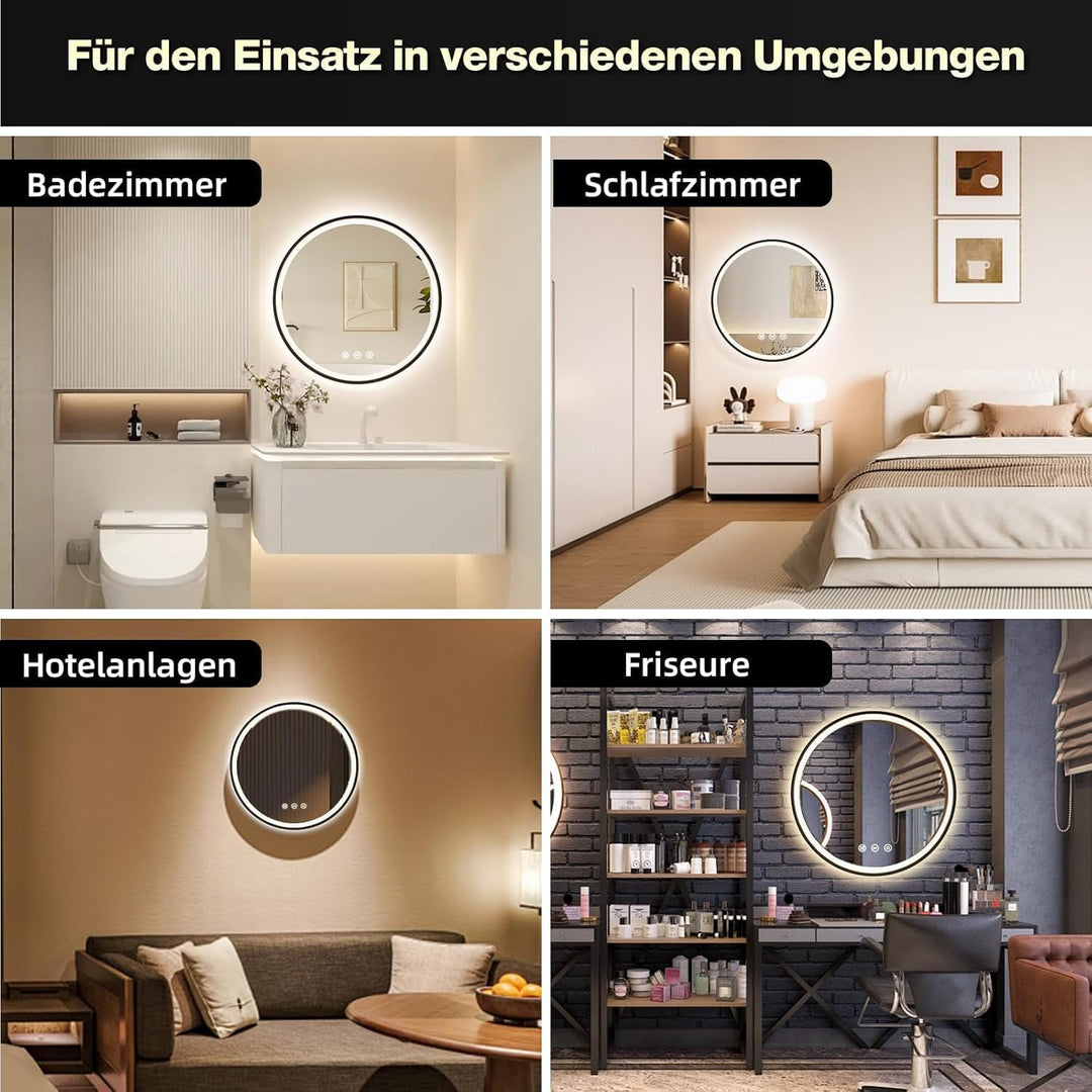 Runder Spiegel mit Beleuchtung 60cm, Badezimmerspiegel Led Badspiegel Rund mit 3 Lichtfarben Dimmbar